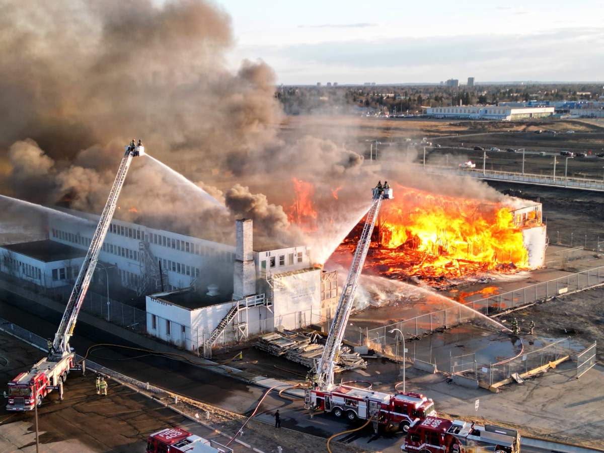 A fire destroyed the historic Hangar 11 that was part of the former municipal airport in central Edmonton on Monday, April 22, 2024.