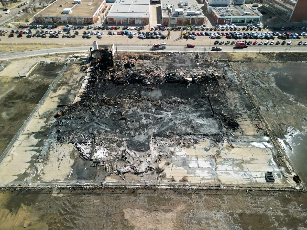 The aftermath of fire that destroyed the historic Hangar 11 that was part of the former municipal airport in central Edmonton. Photo taken Wednesday, April 24, 2024.