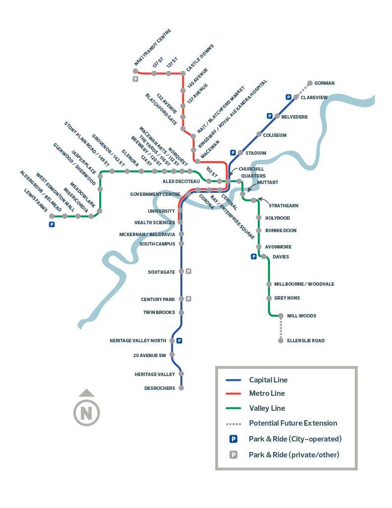 A City of Edmonton map showing the Capital Line, Valley Line and Metro Line LRTs.