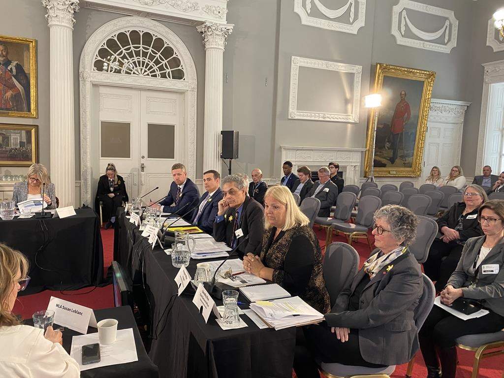 Nova Scotia Liberal member and former premier Iain Rankin, (far left) Liberal Leader Zach Churchill, former party president Joseph Khoury, party president Margaret Miller and Elections Nova Scotia chief electoral officer Dorothy Rice (far right) appear before the Nova Scotia legislature’s public accounts committee on Wednesday April 3, 2024. Liberal party officials told the committee their handling of a case where thousands of dollars in public funds were misused by a former employee was “above board” and legal. THE CANADIAN PRESS/Keith Doucette .