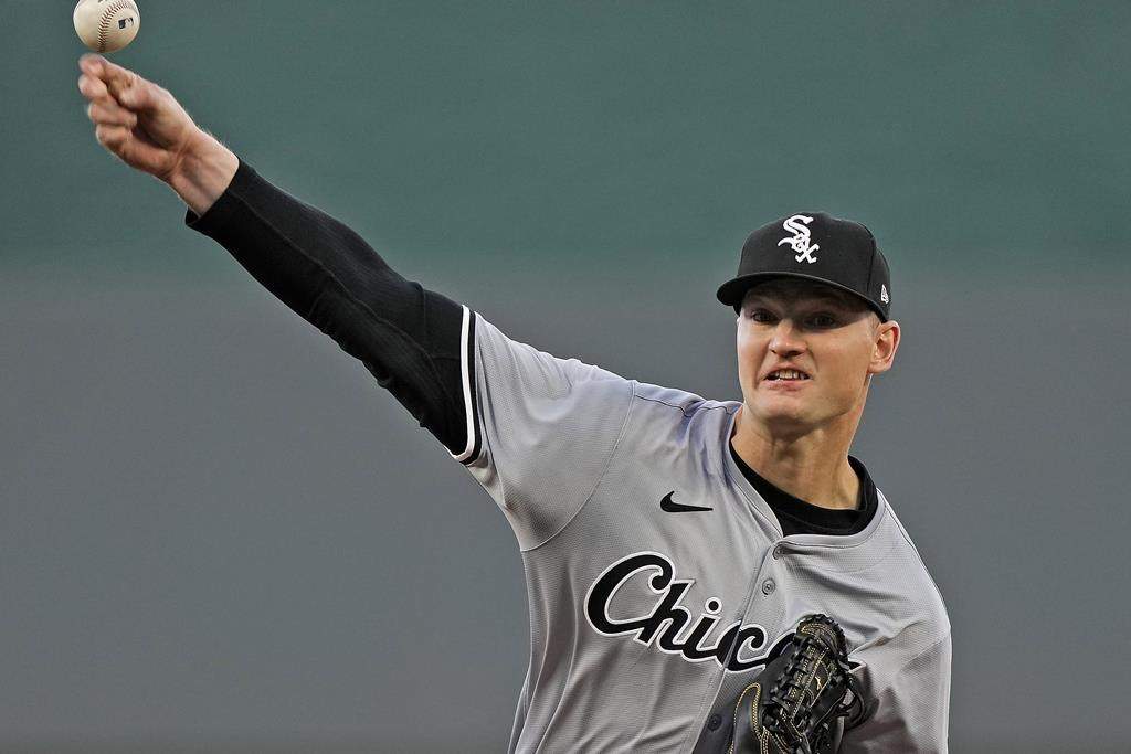 Chicago White Sox starting pitcher Michael Soroka throws during the first inning of a baseball game against the Kansas City Royals Thursday, April 4, 2024, in Kansas City, Mo.