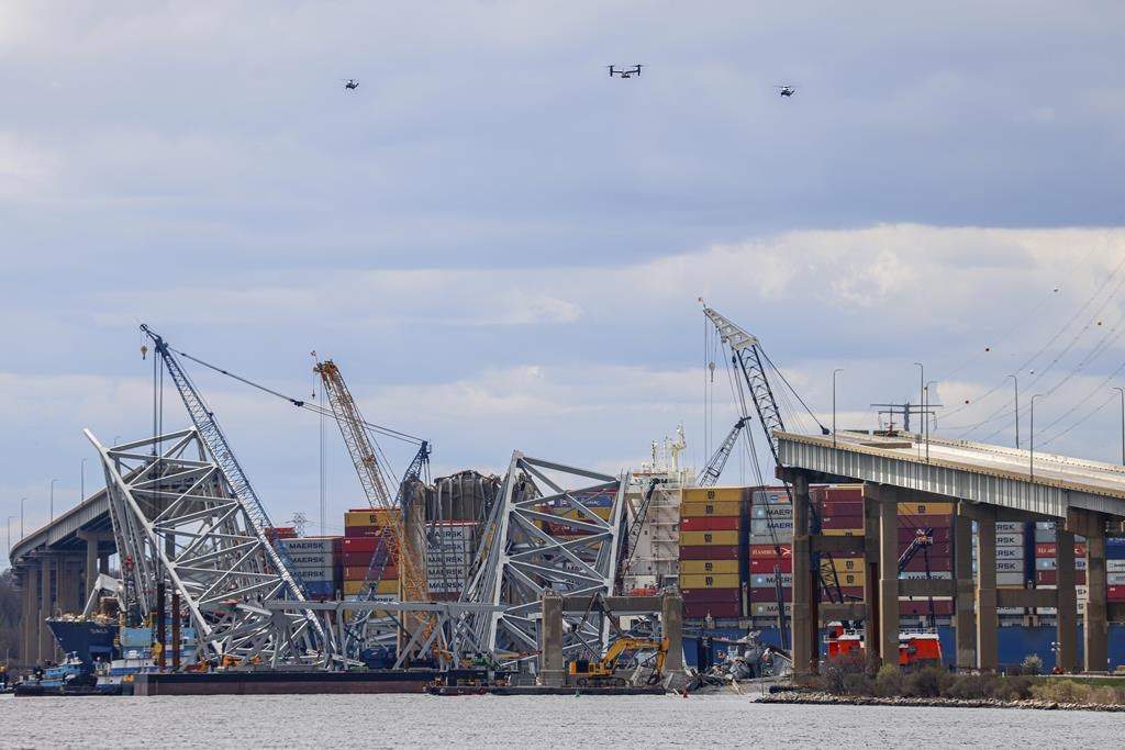 An aerial formation including Marine One, carrying President Joe Biden, flies in a formation with a decoy helicopter and a U.S. Marine Corps Osprey aircraft carrying members of the White House press corps, during a tour of the collapsed Francis Scott Key Bridge, Friday, April 5, 2024, in Dundalk, Md. (AP Photo/Julia Nikhinson)
