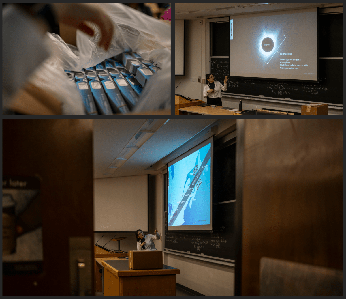 An image grid of a hand reaching for solar eclipse glasses, a person in a white shirt standing in front of a powerpoint about a total eclipse, and doors open slightly showing a the person presenting in front of a classroom.