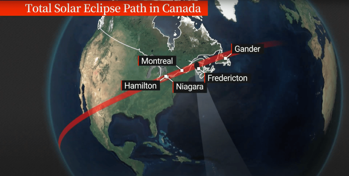 A map of the total solar eclipse path highlighting Hamilton, Montreal, Niagara, Fredericton, and Gander.
