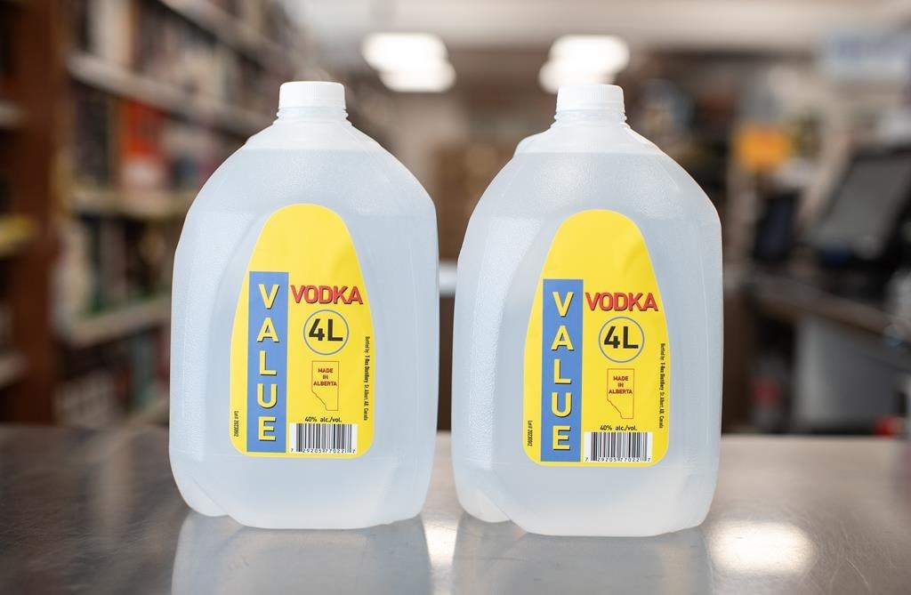 An Alberta distillery behind four-litre vodka jugs that stirred controversy this week says it was unfairly targeted on social media and wants an apology from the cabinet minister who said the product was not responsibly priced. Four-litre jugs of vodka are shown at Super Value Liquor in Edmonton on Tuesday April 9, 2024. THE CANADIAN PRESS/Jason Franson.