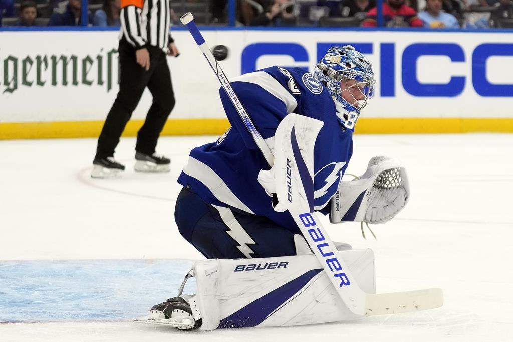 Tampa Bay Lightning goaltender Andrei Vasilevskiy (88) makes a stick save on a shot by the Florida Panthers during the third period in Game 4 of an NHL hockey Stanley Cup first-round playoff series, Saturday, April 27, 2024, in Tampa, Fla.
