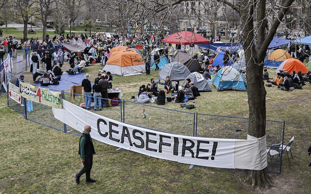 Pro-Palestinian demonstrators at an encampment at McGill University in Montreal, Saturday, April 27, 2024.
