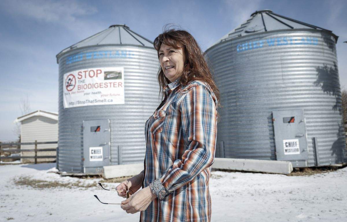 Benita Estes is opposed to the development of a biodigester plant 200 metres from her home near High River, Saturday, April 6, 2024.