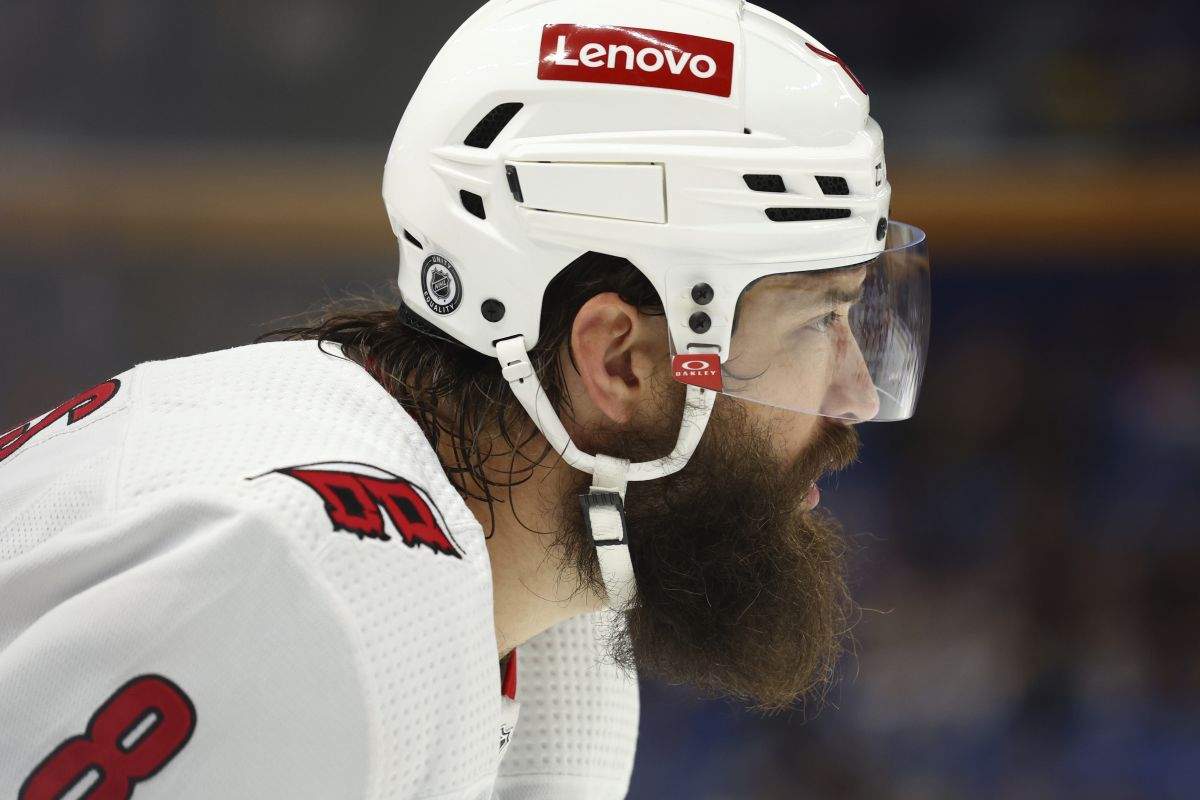 Carolina Hurricanes defenceman Brent Burns (8) lines up for a faceoff during the second period of an NHL hockey game against the Buffalo Sabres Sunday, Feb. 25, 2024, in Buffalo, N.Y.