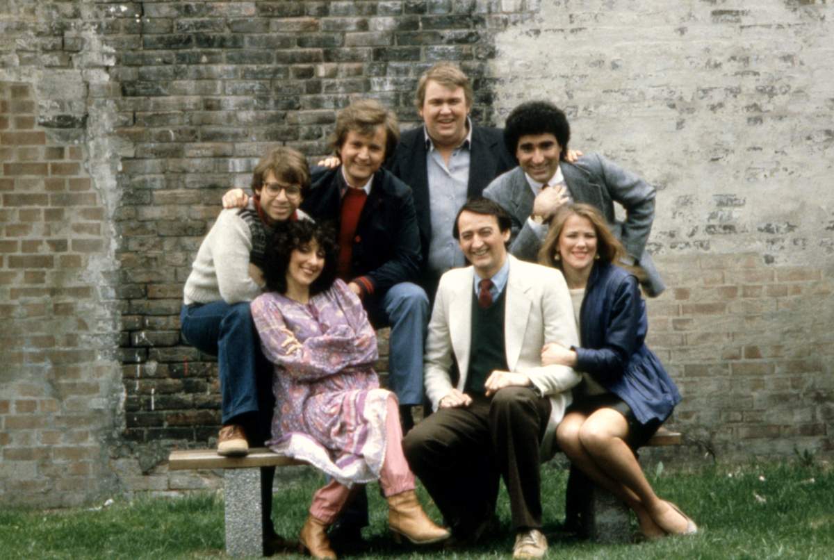 'SCTV' castmates pose for a photo: (clockwise from top left) Rick Moranis, Dave Thomas, John Candy, Eugene Levy, Catherine O''Hara, Joe Flaherty, Andrea Martin, 1976-81