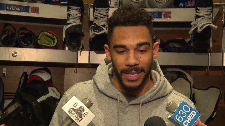 Oilers forward Evander Kane speaks to reporters in Edmonton on April 8, 2024.