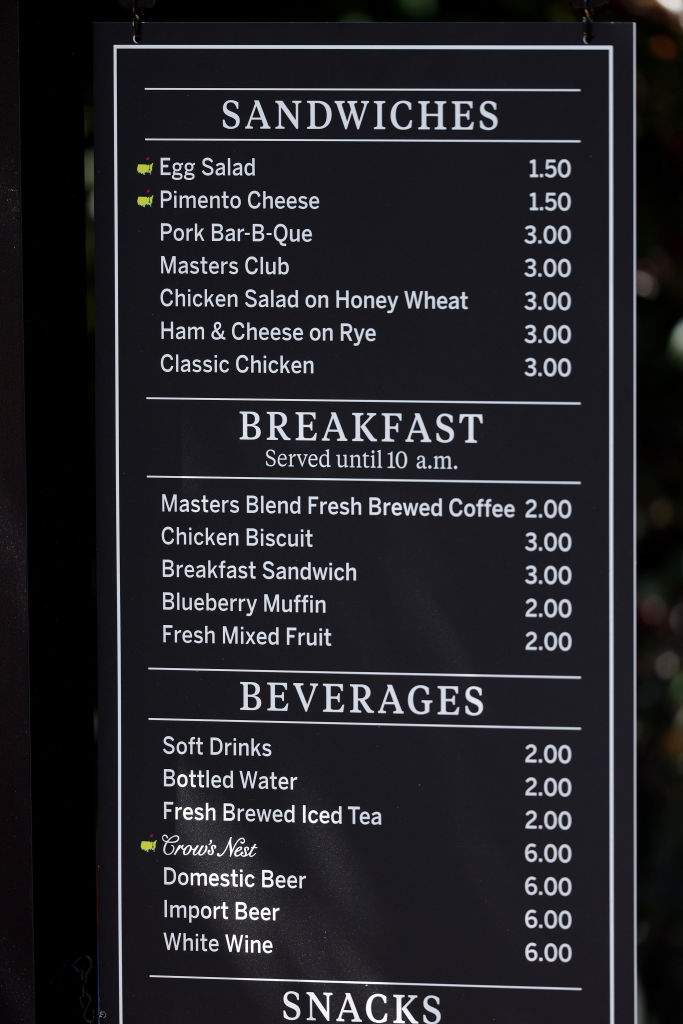 A concessions menu is displayed during a practice round prior to the 2024 Masters Tournament at Augusta National Golf Club on April 08, 2024 in Augusta, Georgia.