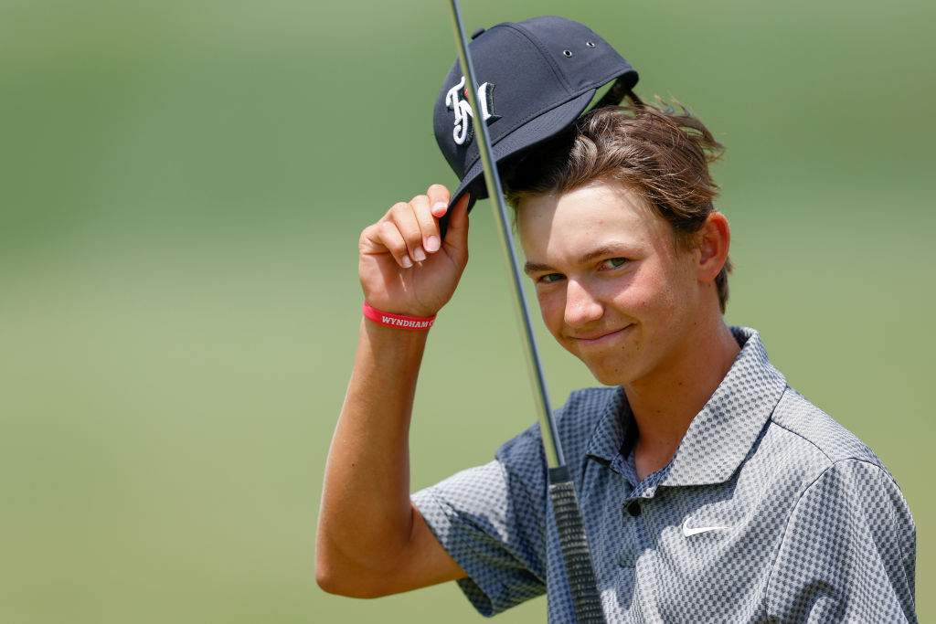 Miles Russell of the United States reacts on the 18th green during the final round of the LECOM Suncoast Classic at Lakewood National Golf Club Commander on April 21, 2024 in Lakewood Ranch, Florida.