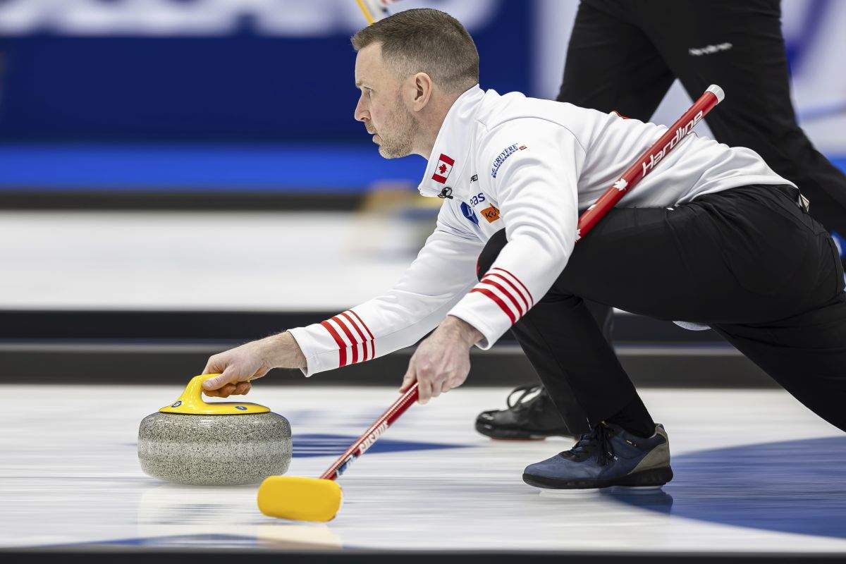 Canada's skip Brad Gushue delivers a stone against the Czech Republic at the men's Curling World Championships in Schaffhausen, Switzerland, Saturday, March 30, 2024.