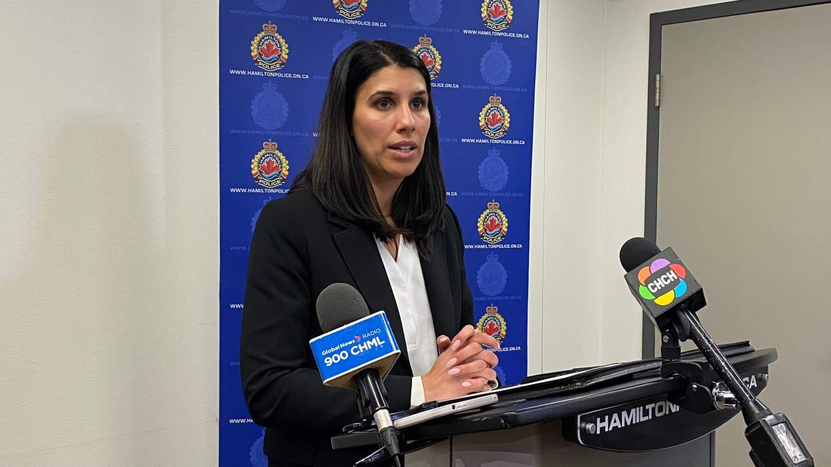 Hamilton Police Det. Sgt. Sara Beck during a presser at Central Station Apr. 3, 2024.