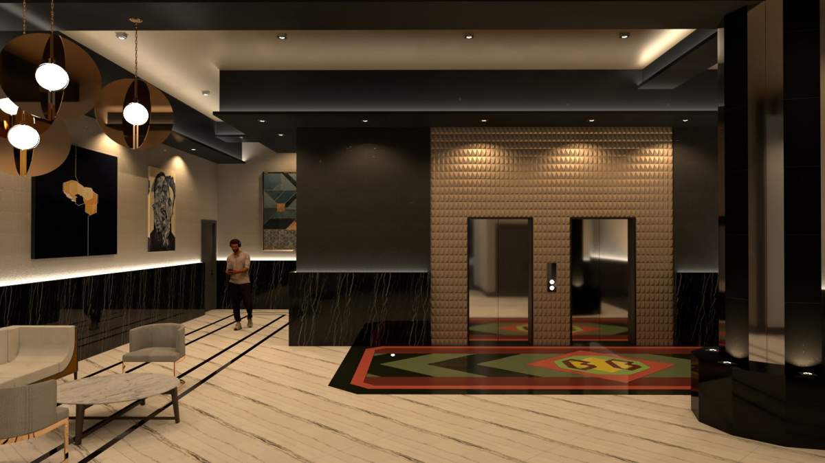 A rendering of the lobby in the completed Barron Building conversion project.