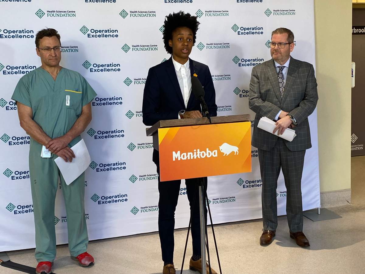 Health Minister Uzoma Asagwara announces a new Manitoba spinal program from Health Sciences Centre in Winnipeg.