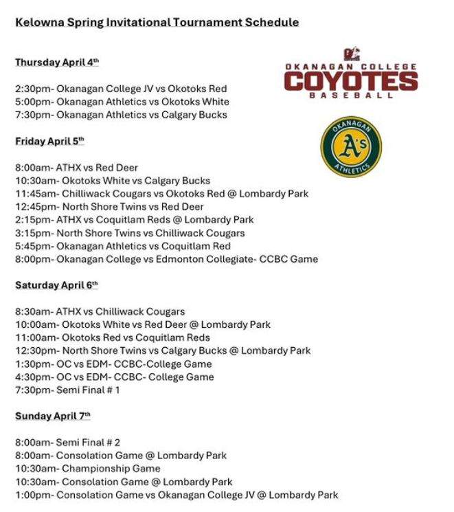 The schedule for Okanagan College’s Spring Invitational tournament in Kelowna, B.C.