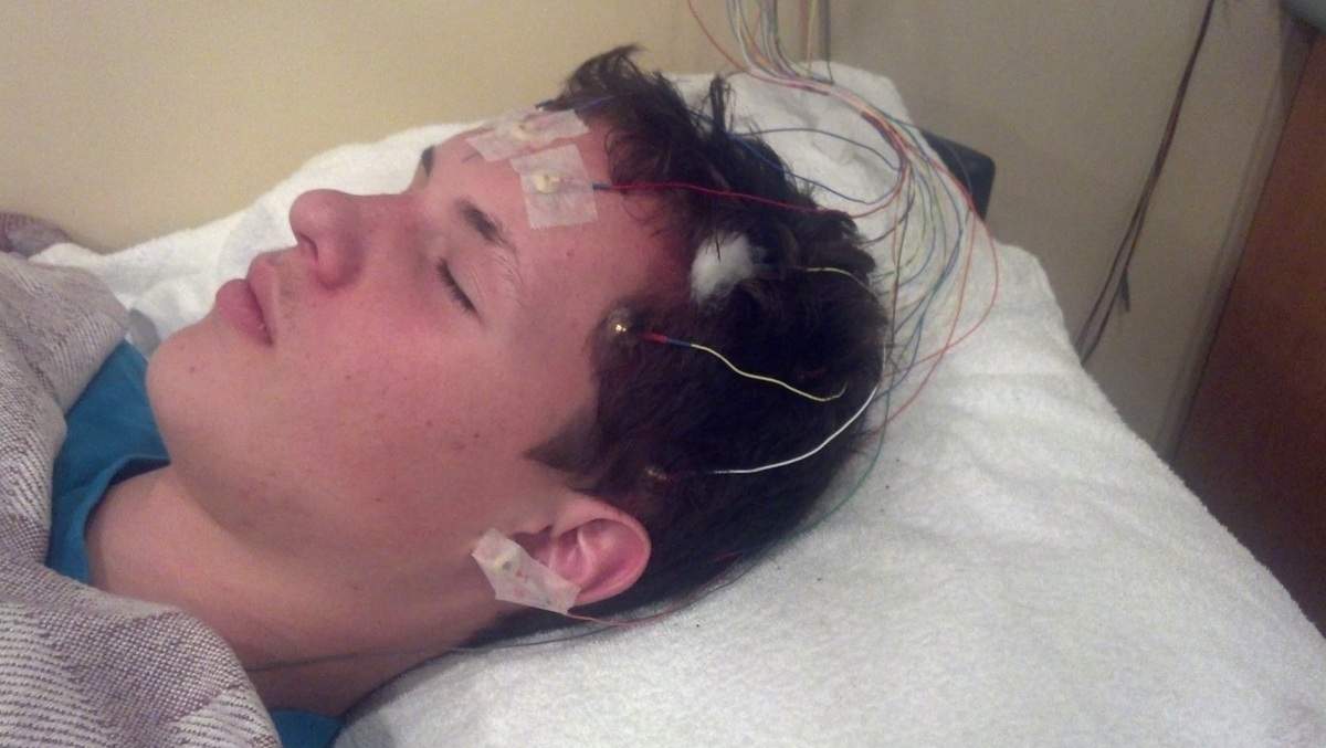 Matthew McKinnon in the hospital following his brain cancer diagnosis.