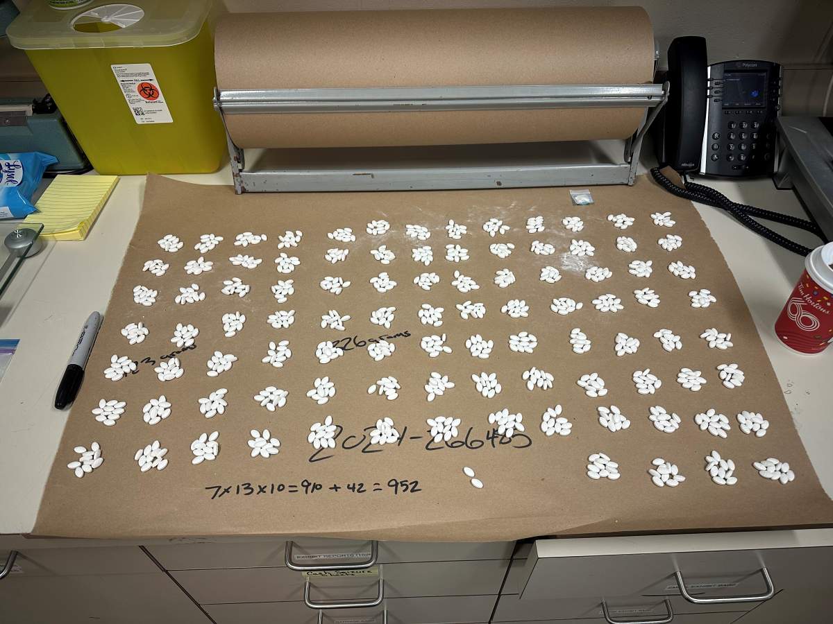 Drugs seized in Alberta containing fluorofentanyl and bromazolam.