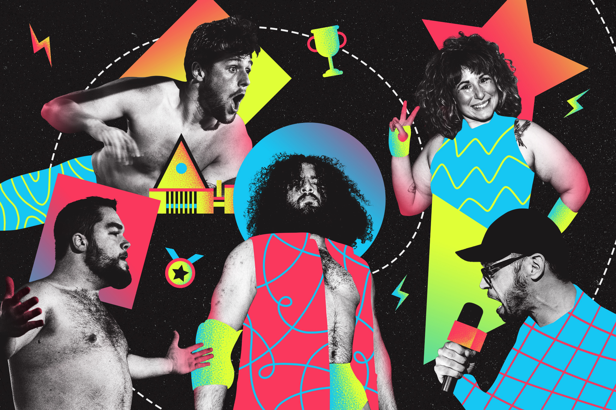 A graphic image of wrestlers with neon colours on a black background.