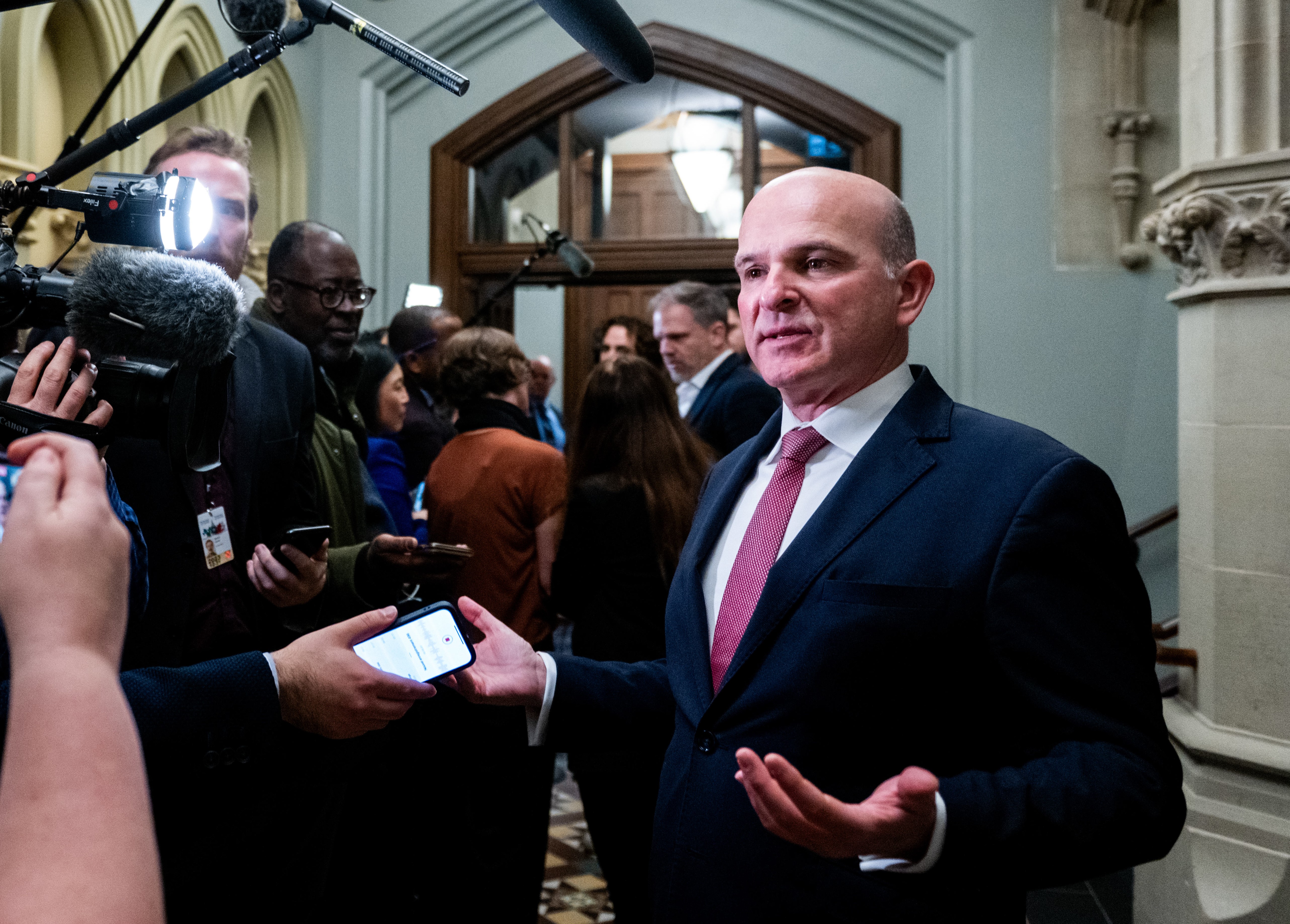 Randy Boissonnault, Minster of Employment, Workforce Development and Official Languages speaks to reporters before attending a cabinet meeting on Parliament Hill in Ottawa, on Tuesday, Nov. 28, 2023