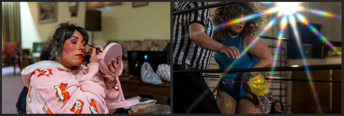 (Left): A woman in a pink robe with cartoon foxes on it puts on bright make-up. (Right): A woman in a blue unitard stands in front of a referee while a star-shaped shines behind her.