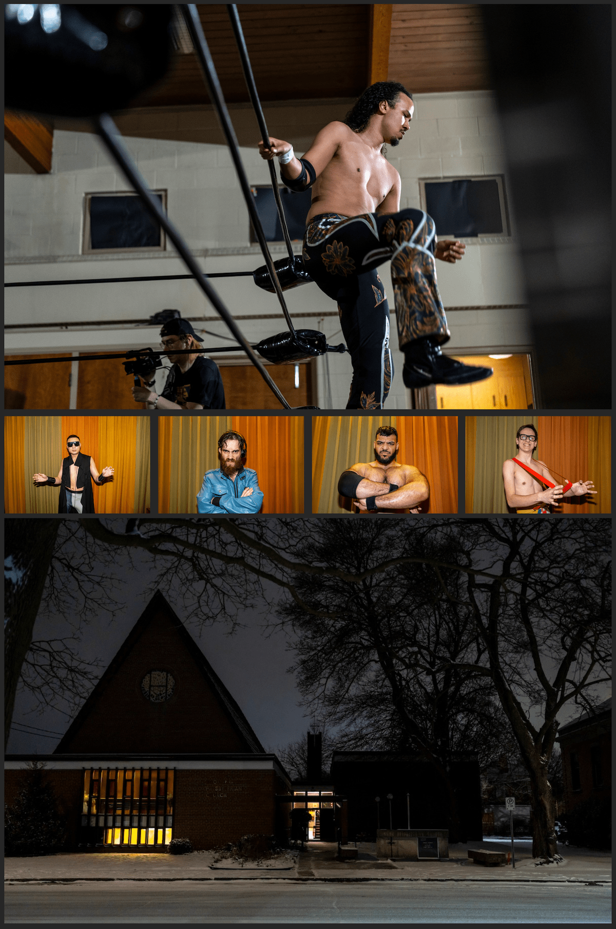 (Top): A wrestler wearing black pants steps out a wrestling ring. (Middle): Four portraits of wrestlers posing in front of an orange and green curtain backdrop.