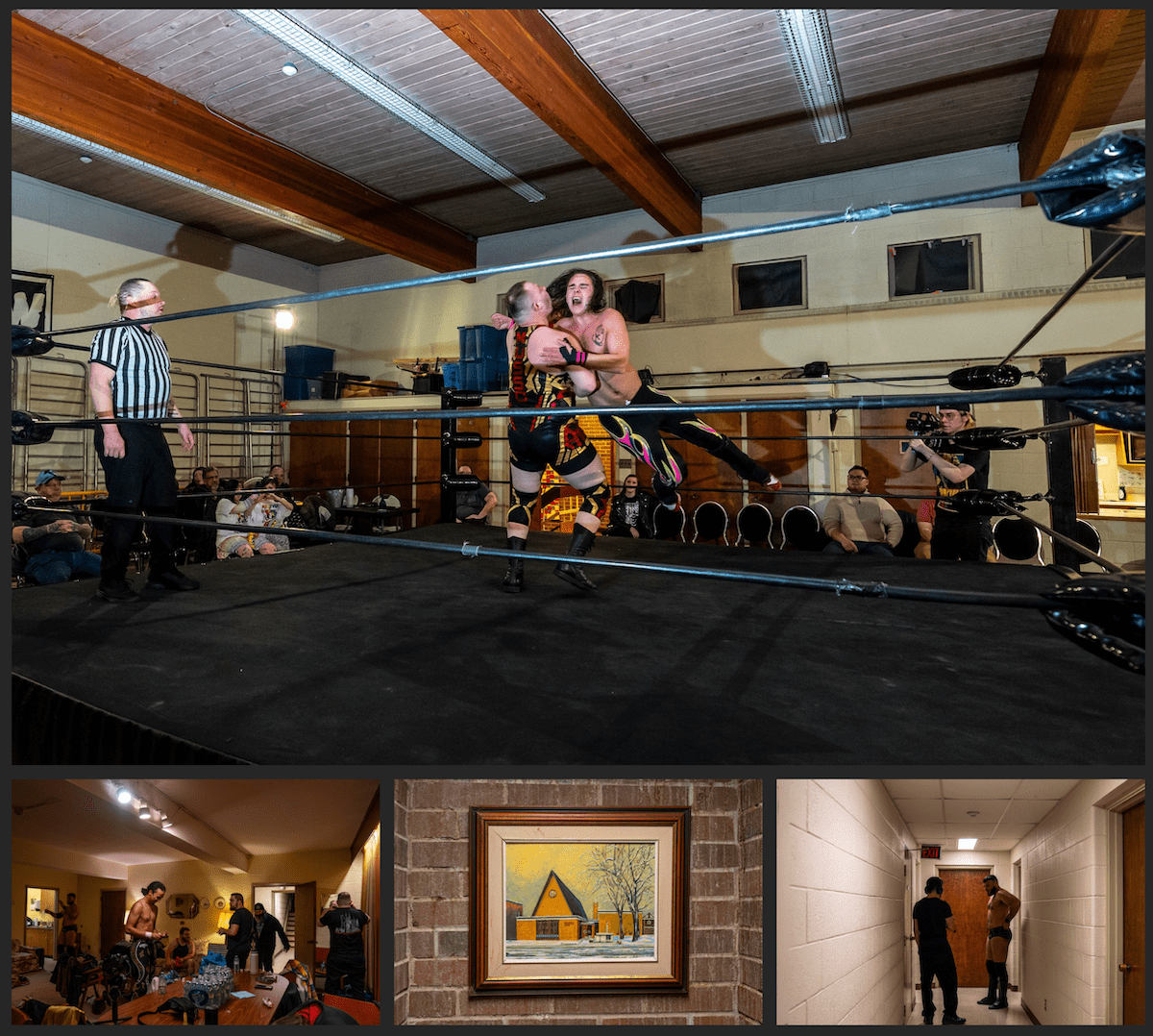 (Above): Two wrestlers collide mid-air during a match. (Below): Three small images of wrestlers getting ready for a match and a painting of the Knox Presbyterian Church in the middle.