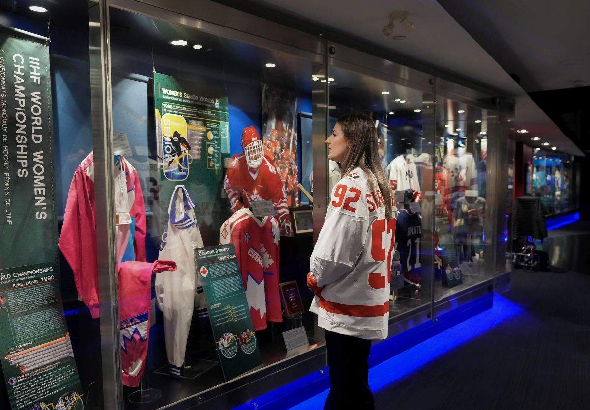 Team Canada’s Danielle Serdachny overlooks the new exhibit at the Hockey Hall of Fame in Toronto on Tuesday, April 4, 2023. The Hockey Hall of Fame opened an exhibit dedicated to the trailblazers of the women’s game chronicling their remarkable journey spanning more than 130 years. Over 100 artifacts will be installed to tell their story.