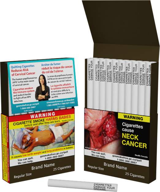 Some of the various warning labels being printed on individual cigarettes are pictured.