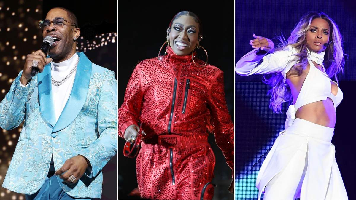 A split image. On the left is Busta Rhymes in a blue suit. In the middle is Missy Elliott in a red jumpsuit. On the right is Ciara in a white coordinated top and pants.