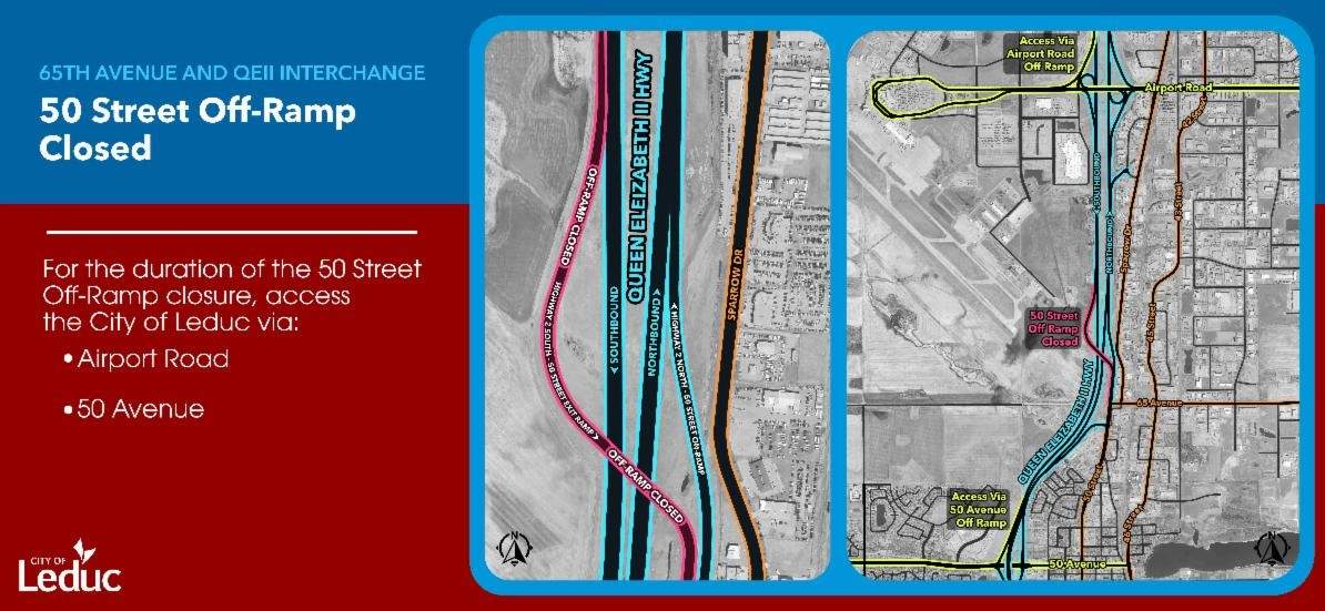 The southbound off-ramp from the Queen Elizabeth II Highway onto 50th Street in Leduc will close this weekend, as construction continues on a nearby interchange project.