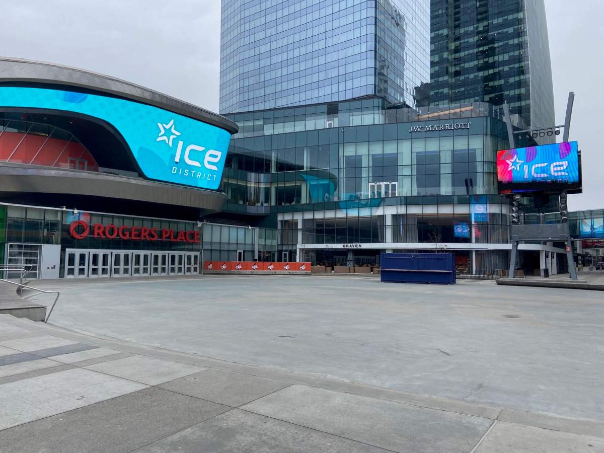 Preparations are underway at the plaza outside Rogers Place ahead of the Edmonton Oilers post-season. Monday, April 15, 2024.