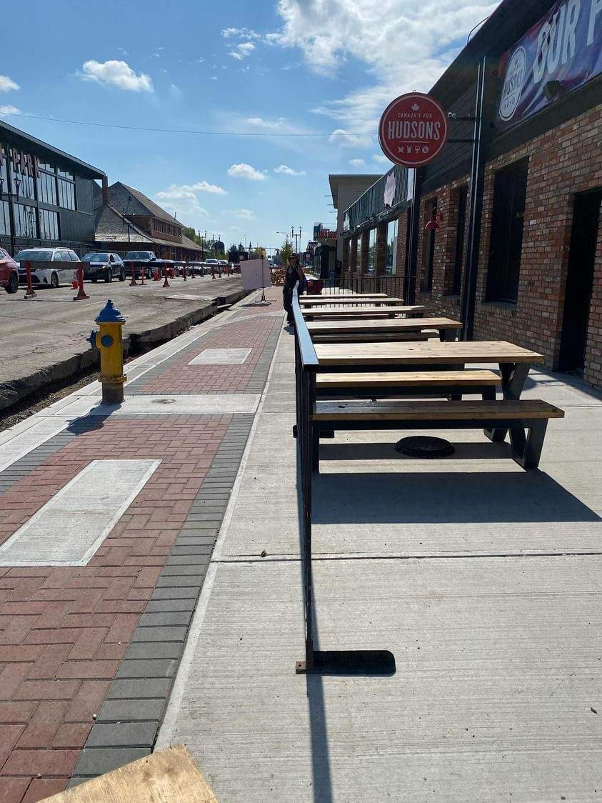A temporary patio at Hudsons Canada's Pub on Whyte Avenue in the summer of 2023.