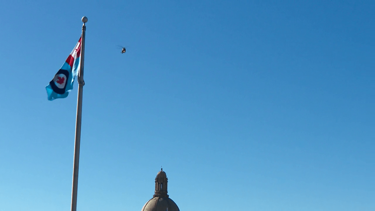 The 408 "Goose" Tactical Helicopter Squadron performed the fly past over the Alberta legislature grounds on Monday, April 1, 2024.