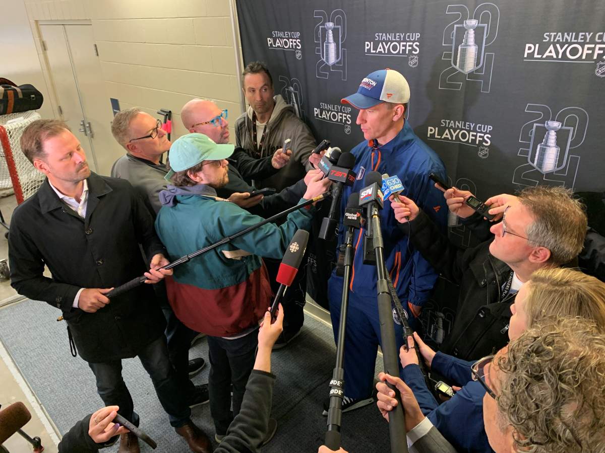 Edmonton Oilers head coach Kris Knoblauch in a scrum on Tuesday, May 7, 2024.