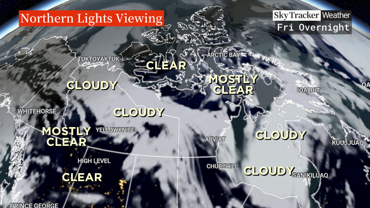 Cloud cover forecast for northern Canada for the evening of May 10, during which a geomagnetic storm is set to hit potentially bringing spectacular northern lights displays.