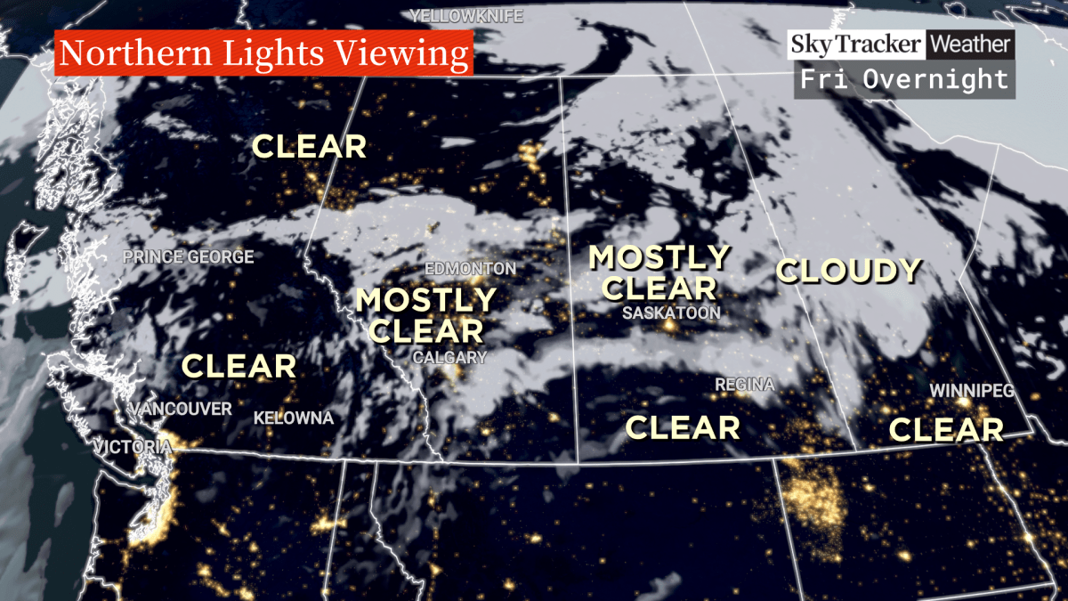 Cloud cover forecast for western Canada for the evening of May 10, during which a geomagnetic storm is set to hit potentially bringing spectacular northern lights displays.