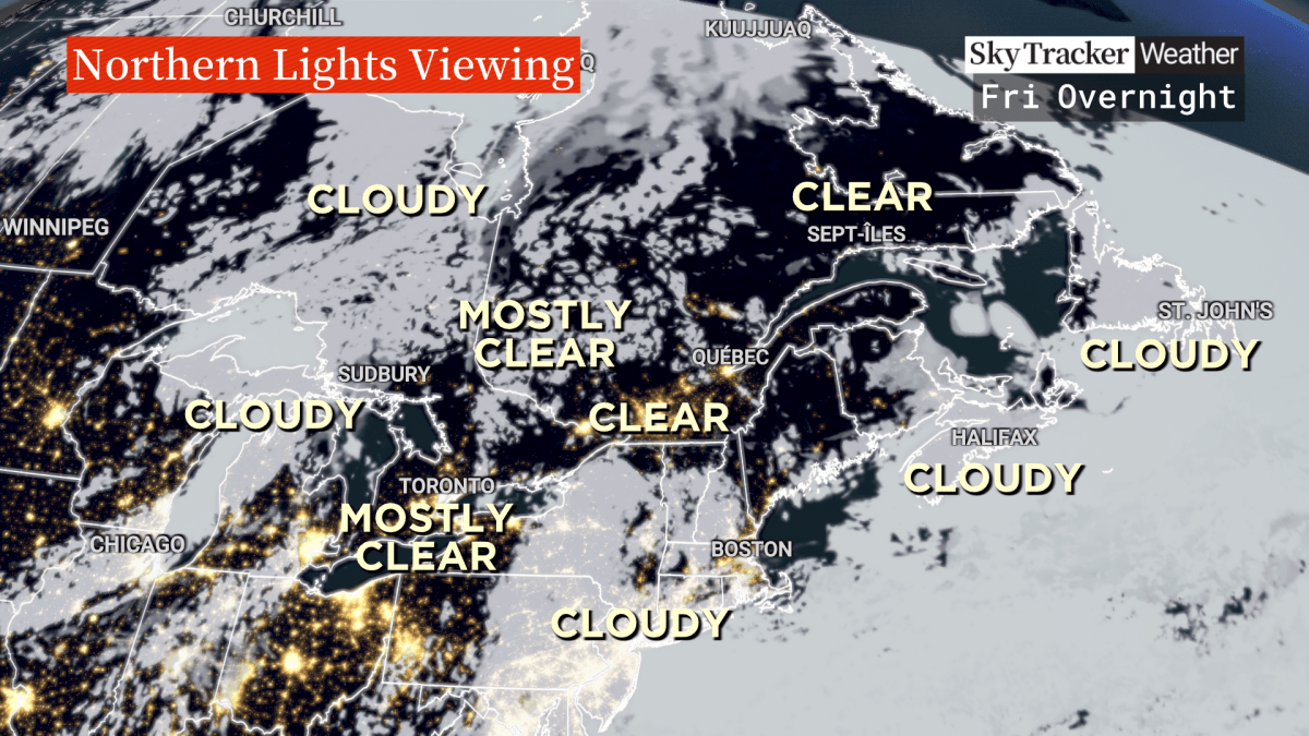 Cloud cover forecast for eastern Canada for the evening of May 10, during which a geomagnetic storm is set to hit potentially bringing spectacular northern lights displays.