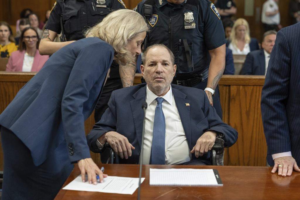 Harvey Weinstein appears at Manhattan criminal court for a preliminary hearing on Wednesday, May 1, 2024 in New York. Weinstein made first appearance since his 2020 rape conviction was overturned by an appeals court last week.