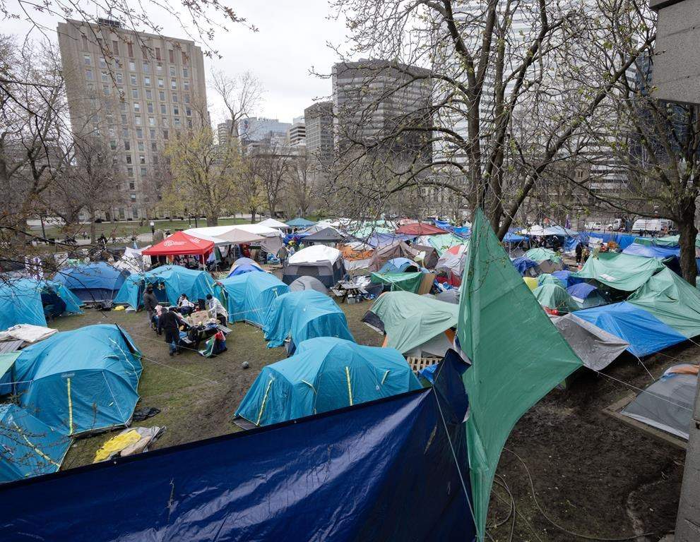 Pro-Palestinian activists at their encampment on the McGill University campus in Montreal, Wednesday, May 1, 2024.