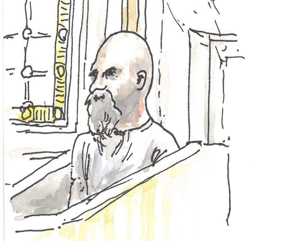Jeremy Skibicki appears in a courtroom sketch in Winnipeg on Monday, May 6, 2024. Skibicki has admitted to killing four women but claims he’s not criminally responsible because of mental illness.