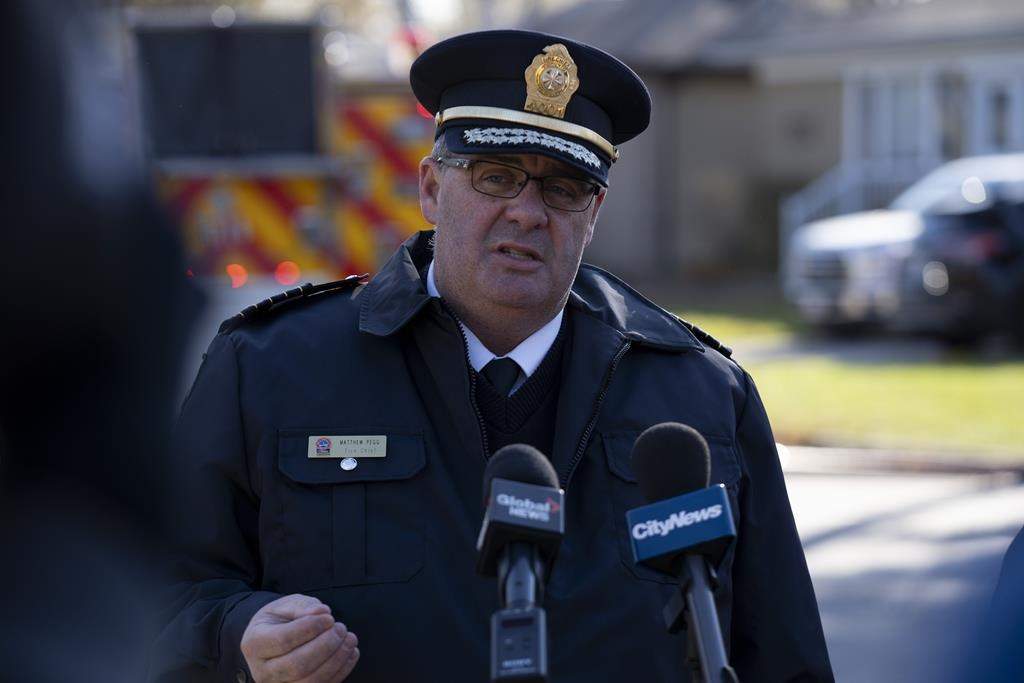 Toronto Fire Chief Matthew Pegg, who was a key figure in the city's COVID-19 response, has announced his retirement. Pegg updates the media at the scene of a house explosion in Toronto, Sunday, Nov. 12, 2023. 
