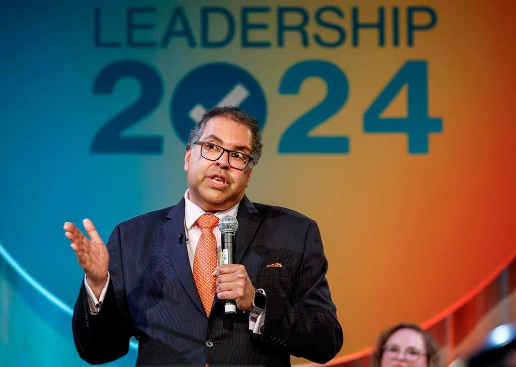 Alberta NDP leadership candidate Naheed Nenshi answers a question during a leadership debate in Calgary, Alta., Saturday, May 11, 2024.