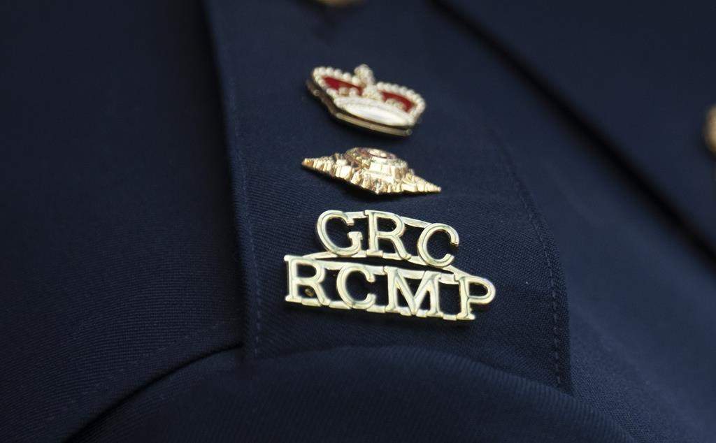 The RCMP logo is seen on the shoulder of a superintendent during a news conference, Saturday, June 24, 2023, in St. John's, Newfoundland.