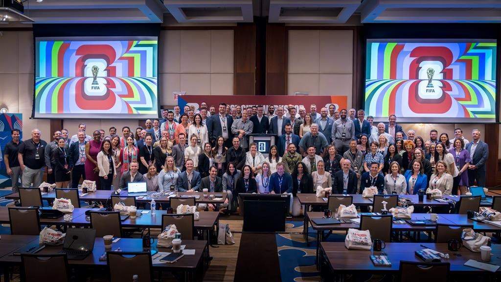 Some 100 representatives from FIFA and the 2026 World Cup’s 16 host cities, including Vancouver and Toronto, wrapped up a series of planning workshops Friday. Participants in a FIFA workshop pose for a group portrait in Toronto in a Friday, May 24 2024, handout photo.