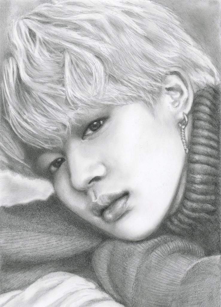 A pencil drawing of BTS member Park Ji-min (known as Jimin) by Christine Noels.