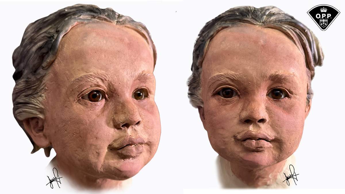 A 3D facial approximation of a small child whose remains were discovered in the Grand River in Dunnville, Ont., on May 17, 2022.