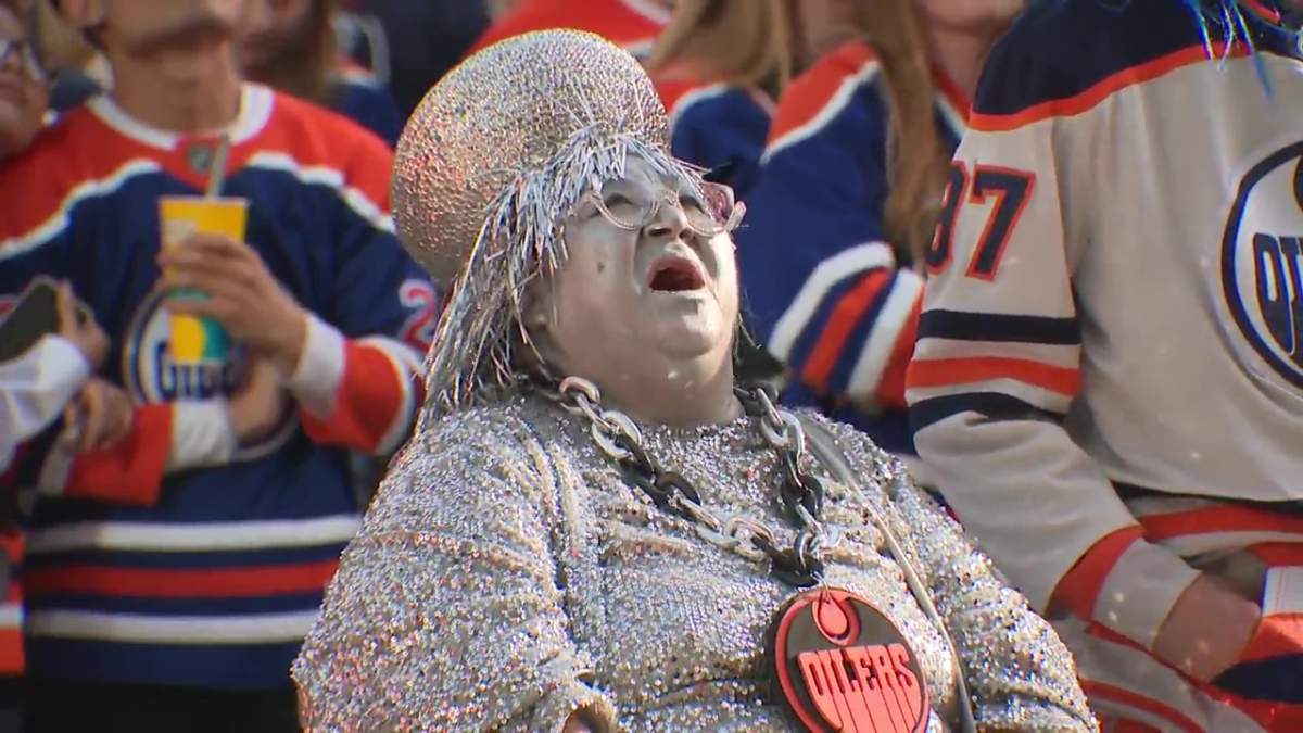 Mary Loewen dressed up as "Mama Stanley" at an Edmonton Oilers game on Wednesday, May 29, 2024.